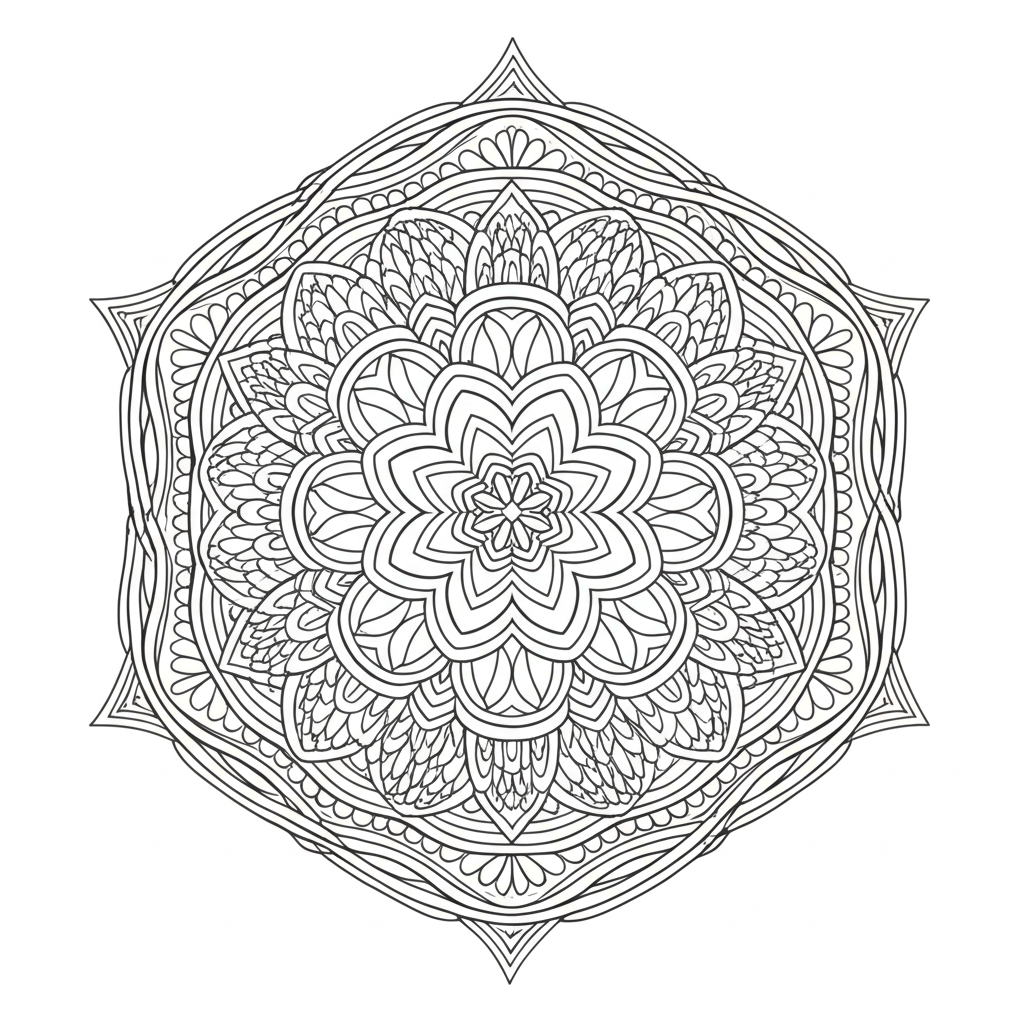 Detailed mandala coloring page featuring symmetrical geometric and floral designs for meditation and relaxation