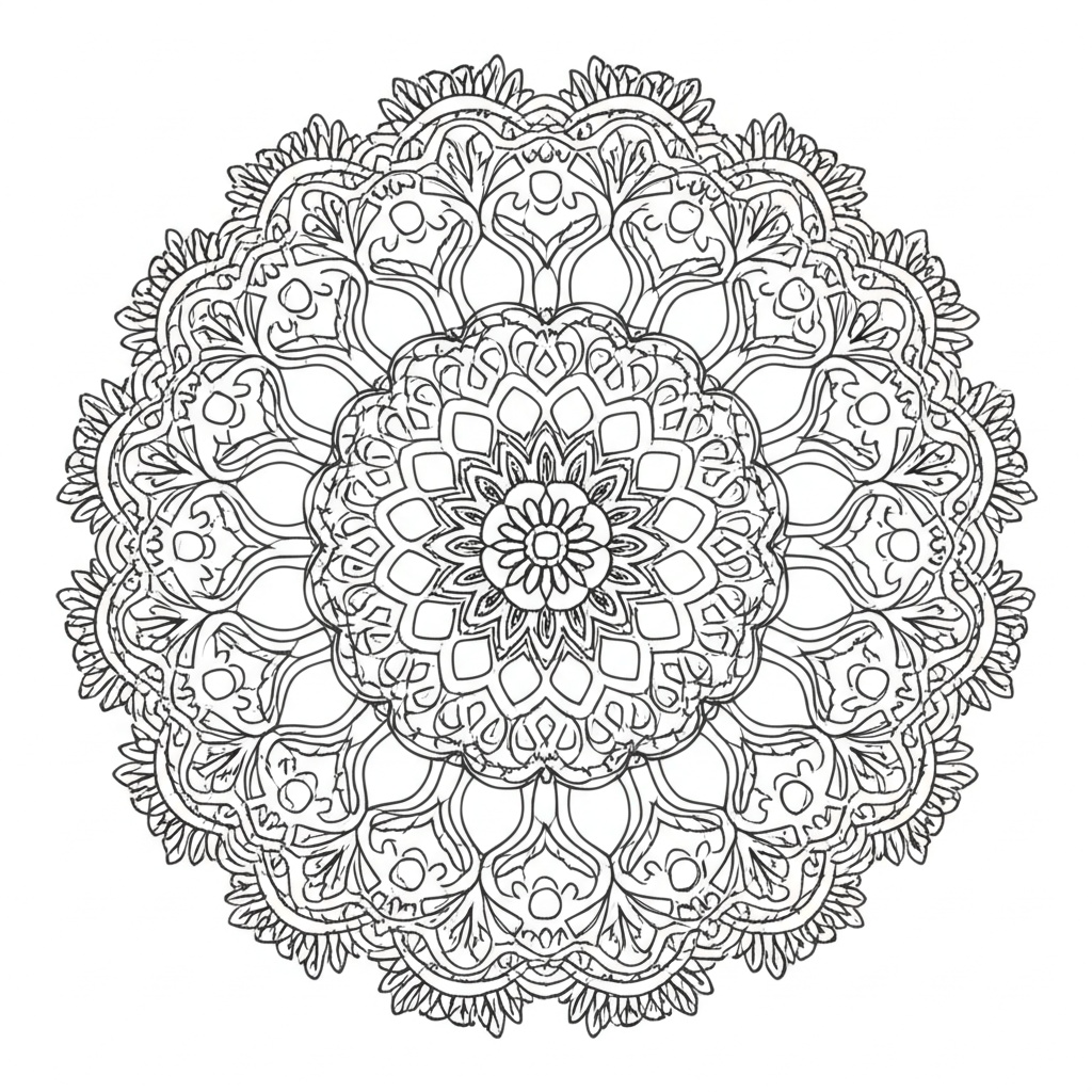 Detailed black-and-white mandala coloring page featuring symmetrical geometric shapes and floral designs