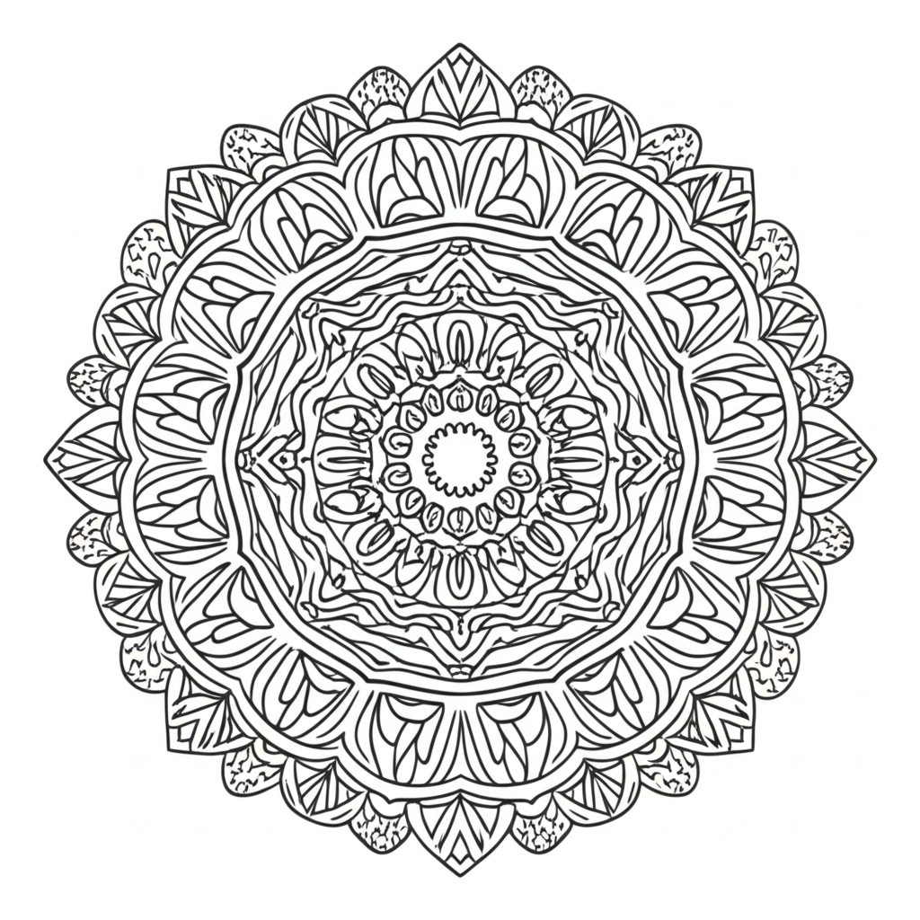 Black-and-white mandala coloring page featuring intricate geometric and floral designs