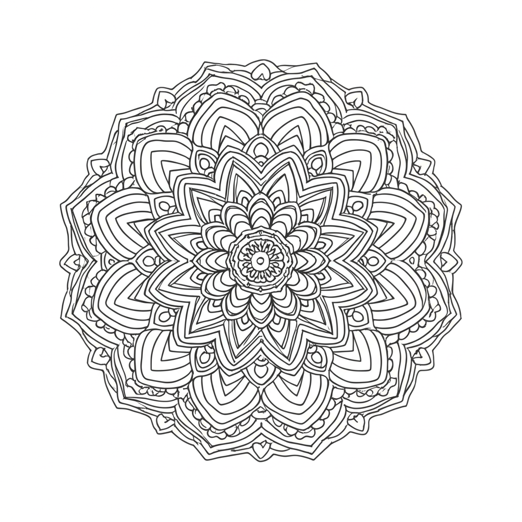 A detailed mandala coloring page featuring intricate, symmetrical patterns with geometric shapes and floral motifs on a white background