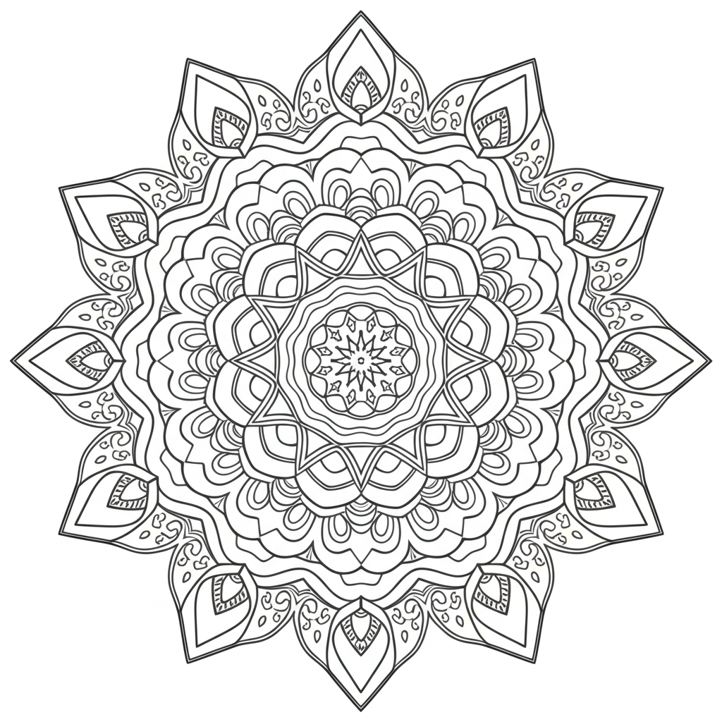 Detailed black-and-white mandala coloring page featuring symmetrical geometric shapes and floral designs