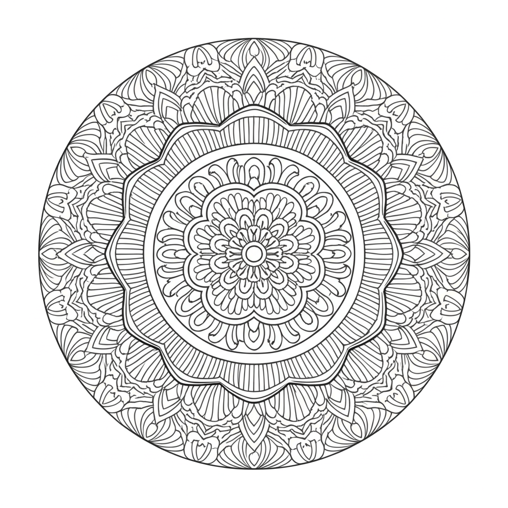 Black and white intricate mandala coloring page with floral and geometric patterns for mindfulness