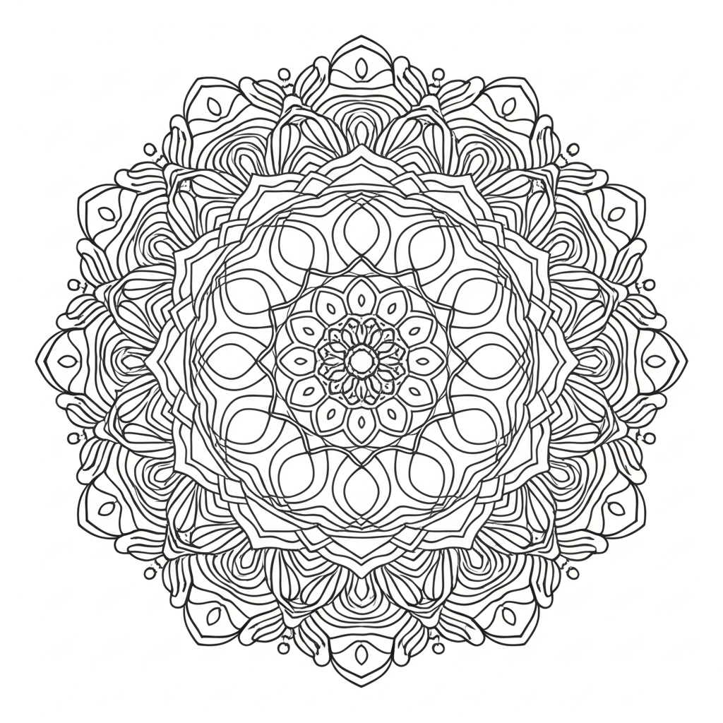 Detailed mandala coloring page featuring floral designs and geometric shapes
