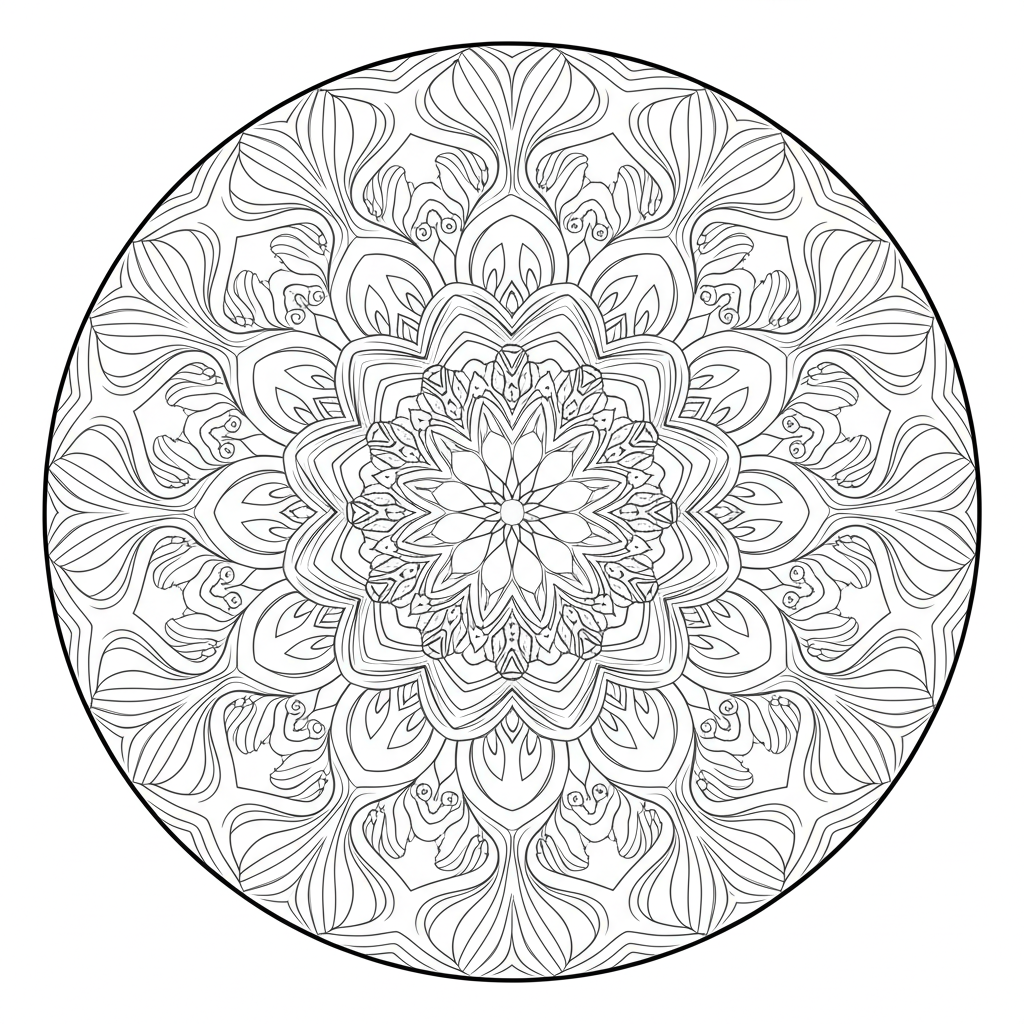 Detailed symmetrical mandala coloring page with floral and geometric patterns for relaxation