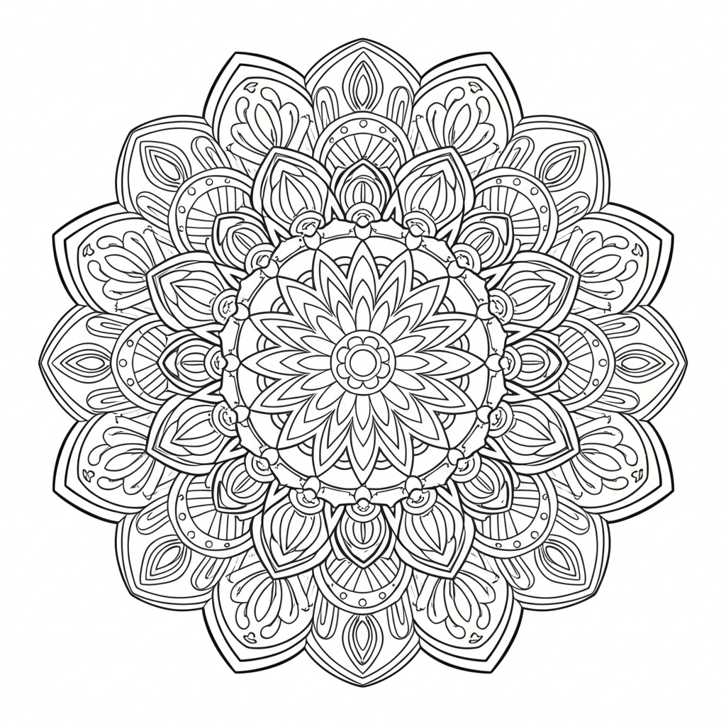 Detailed black-and-white mandala coloring page with floral and geometric patterns for adults