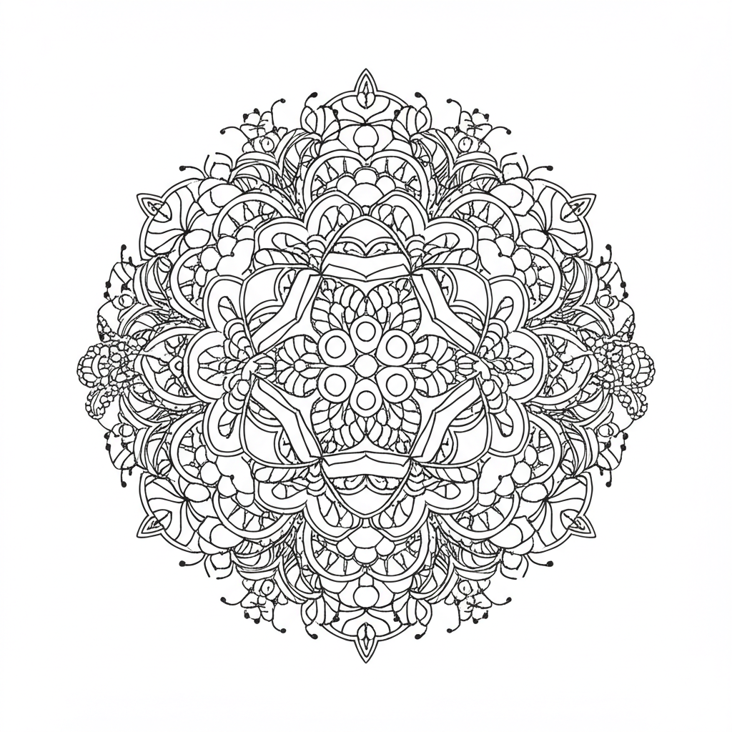 Black and white intricate symmetrical mandala coloring page with floral motifs and geometric shapes