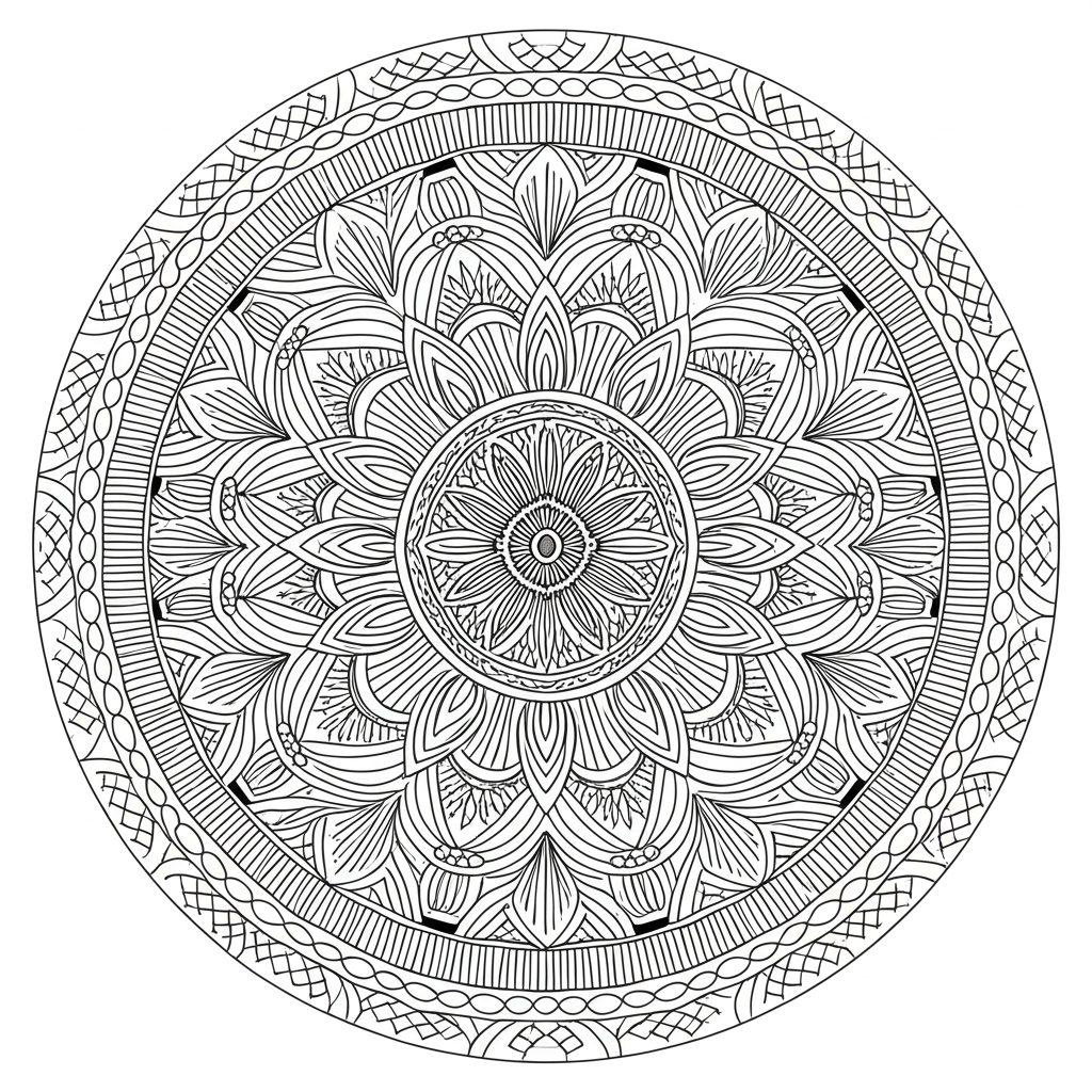 Detailed black and white mandala coloring page for adults with floral motifs and geometric shapes