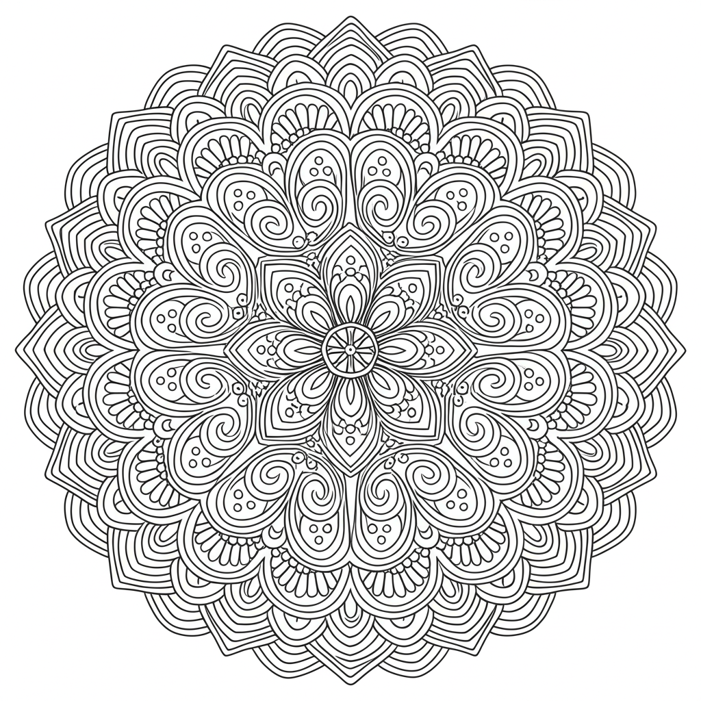 Detailed black and white mandala coloring page with symmetrical floral and geometric designs