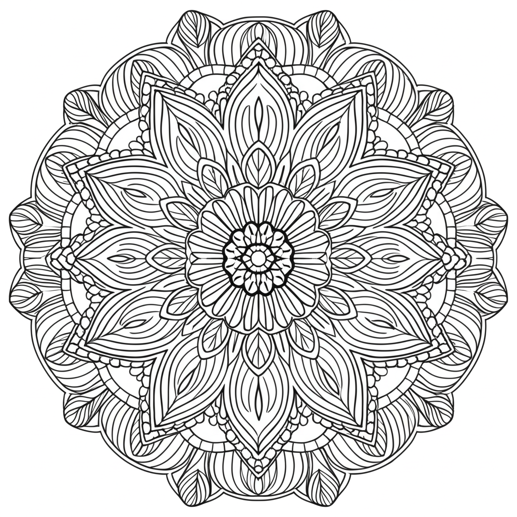 Detailed black and white mandala coloring page with intricate geometric and floral designs for mindful relaxation