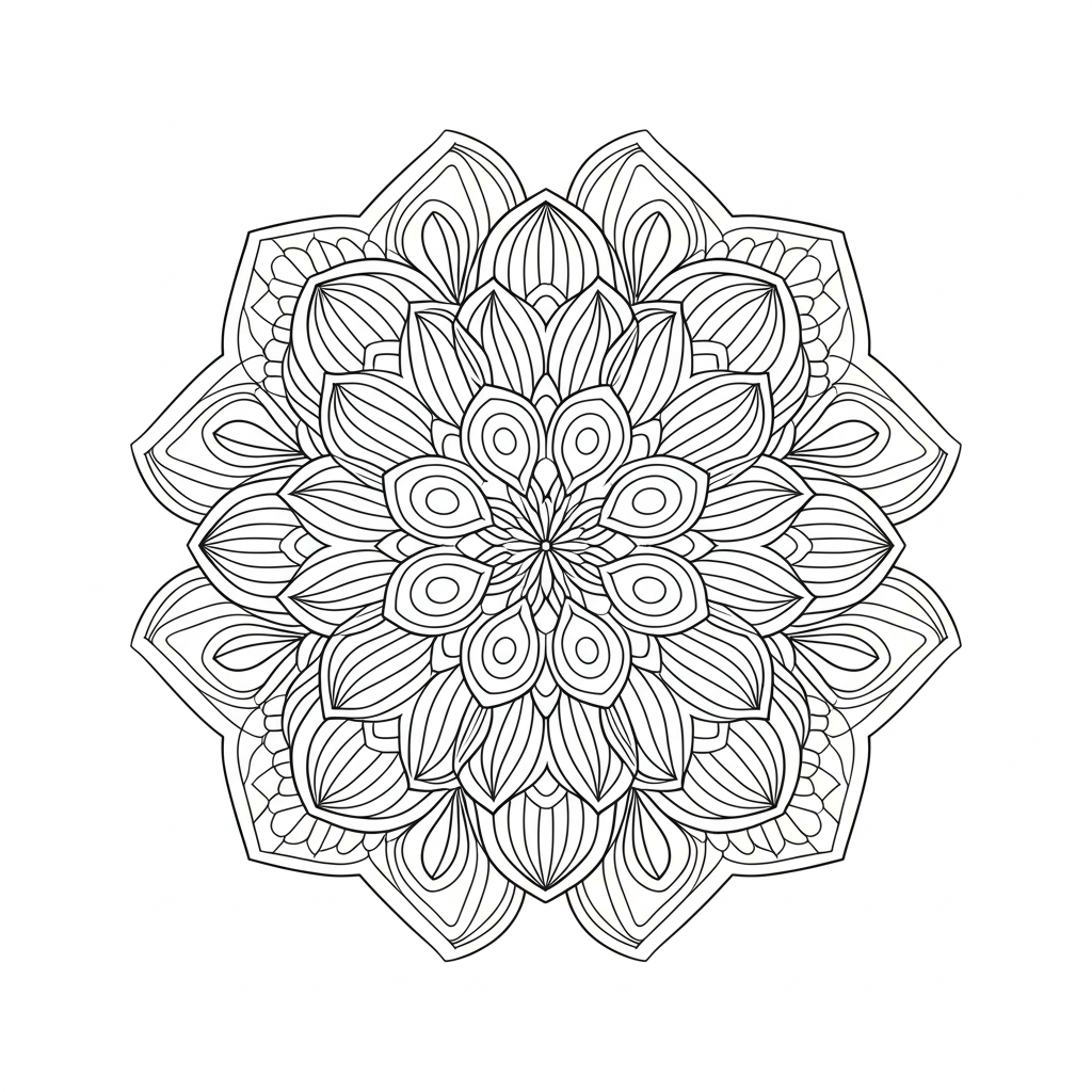 Detailed black and white mandala coloring page with intricate geometric and floral designs for mindfulness