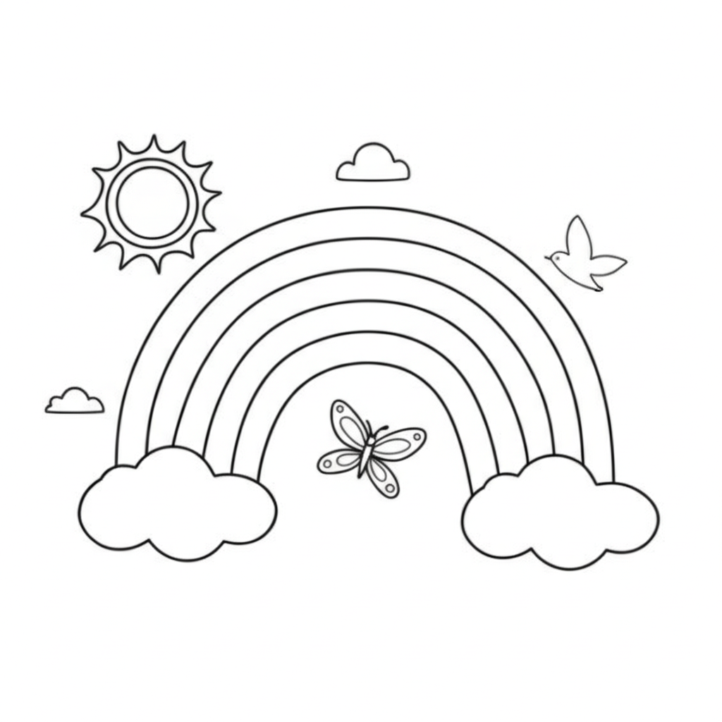 Detailed and joyful rainbow coloring page featuring sun, clouds, birds, and butterflies