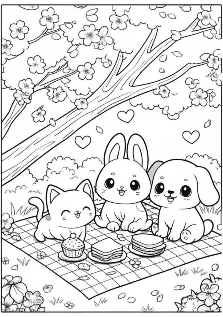 Adorable kawaii-style bunny, kitten, and puppy having a picnic under cherry blossoms