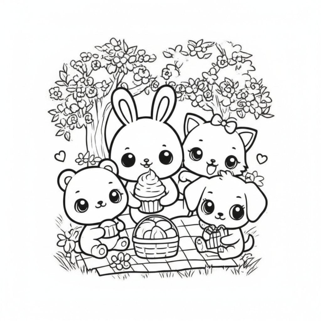 Black and white coloring page of cute kawaii animals—bunny, kitten, and puppy—having a picnic under a cherry blossom tree