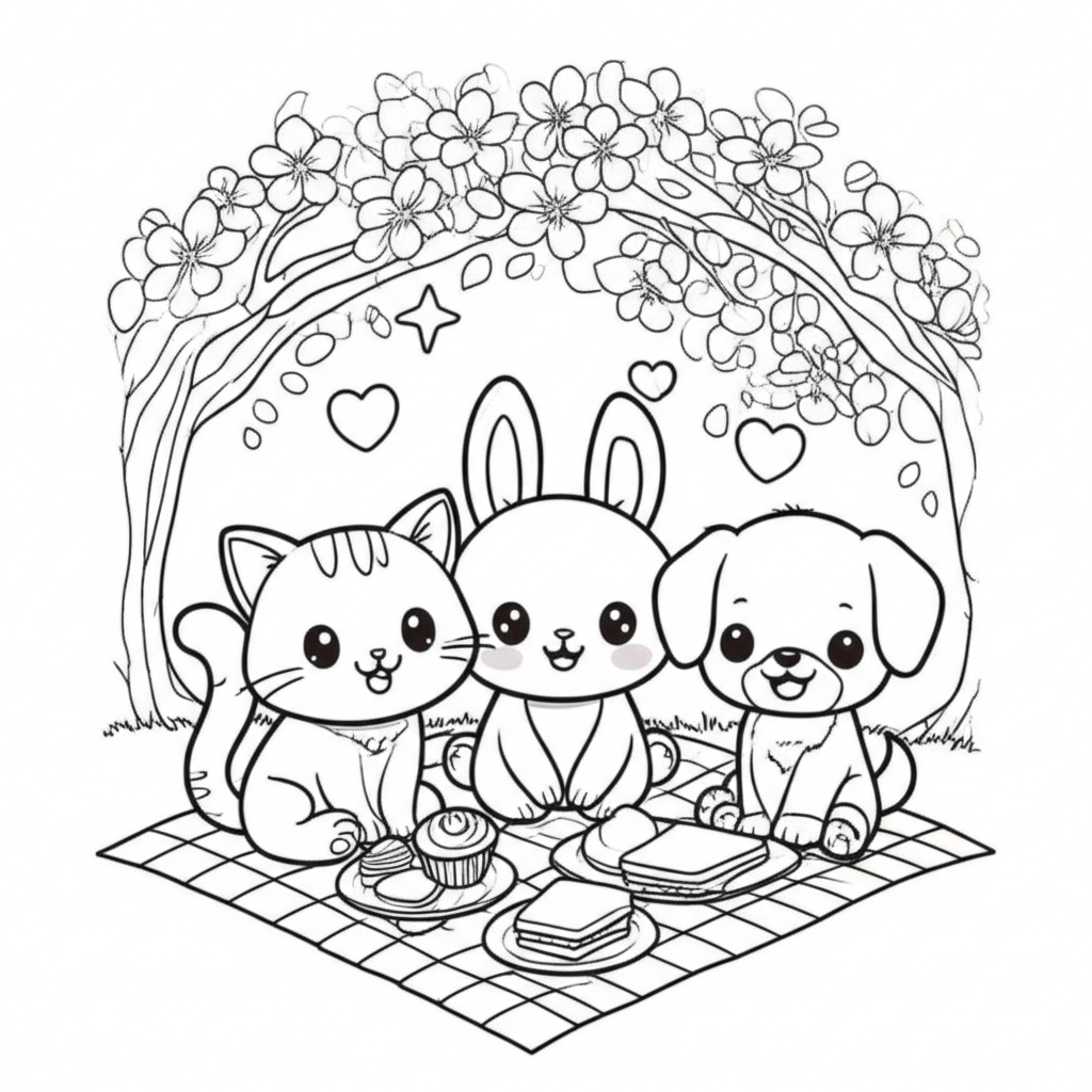 Black and white kawaii-style animals picnic scene with cat, bunny, and puppy under cherry blossom tree for kids to color