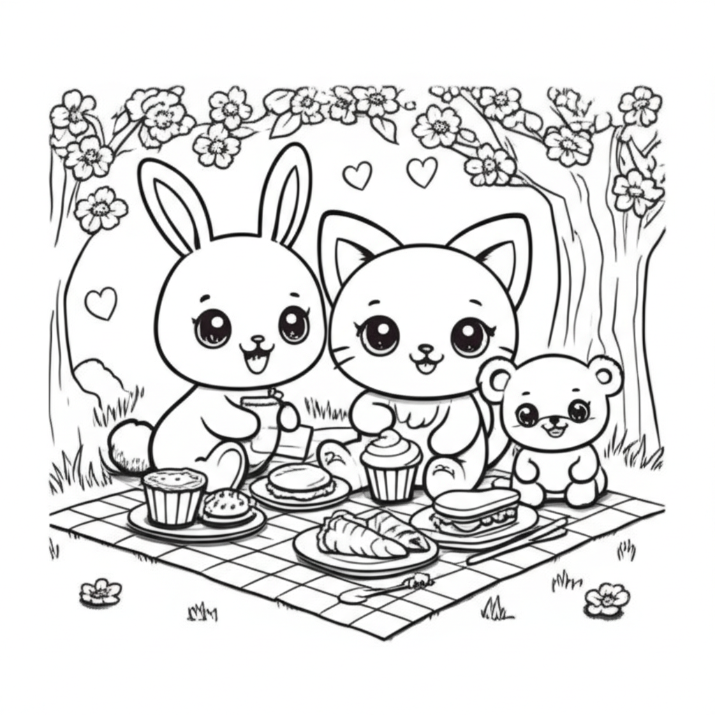 Black and white coloring page of cute kawaii-style animals (bunny, kitten, bear cub) having a picnic under a cherry blossom tree with cupcakes and sandwiches