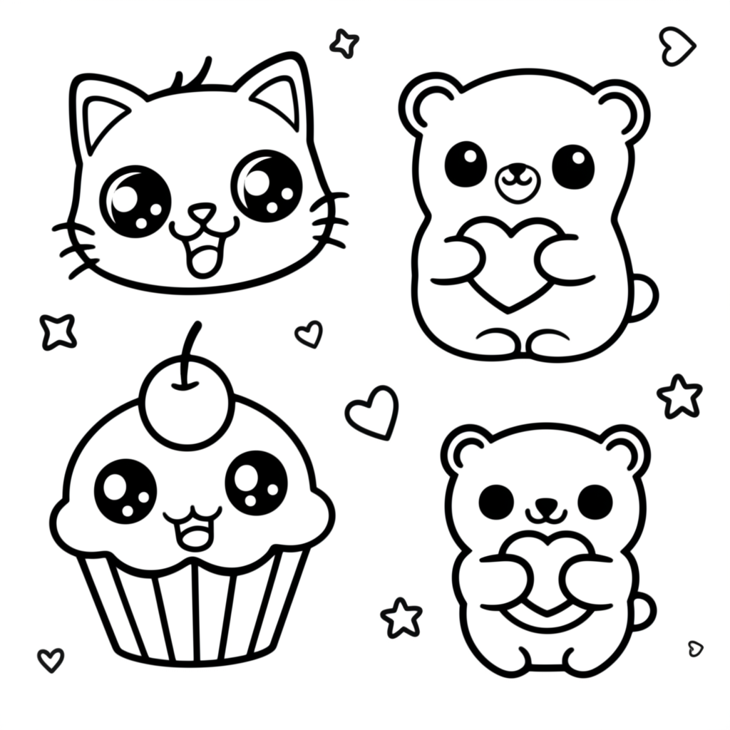 Black-and-white kawaii coloring page featuring a smiling cat, chubby bear holding a heart, cupcake with a cherry, and happy cloud with stars and hearts