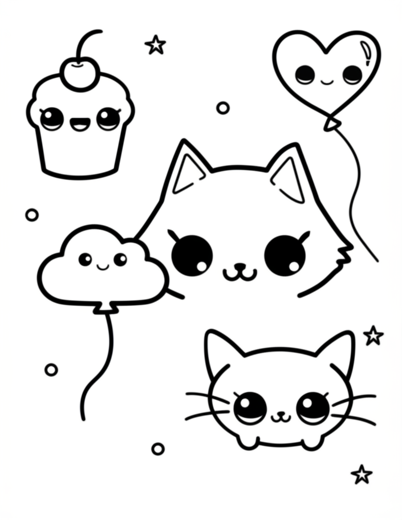 Black and white kawaii-style coloring sheet featuring a cheerful cupcake, cute cat, heart balloon, and smiling cloud for toddlers