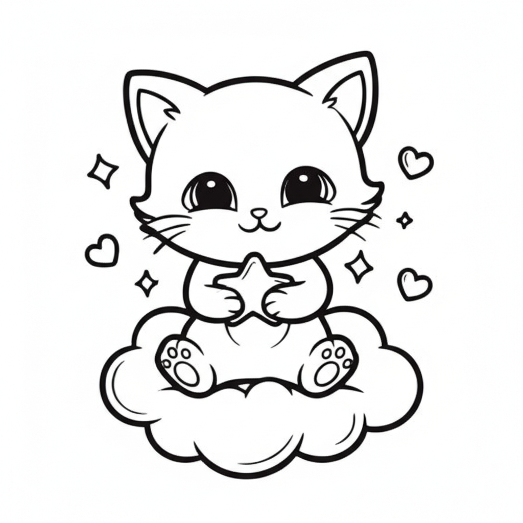 Black and white coloring page of a kawaii kitten sitting on a cloud with a star, hearts, and sparkles