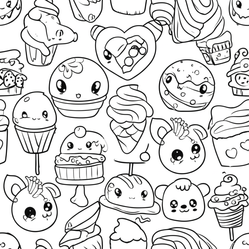 A charming Kawaii-themed coloring page featuring cute animals, sweet treats, and playful characters with clear outlines and expressive details