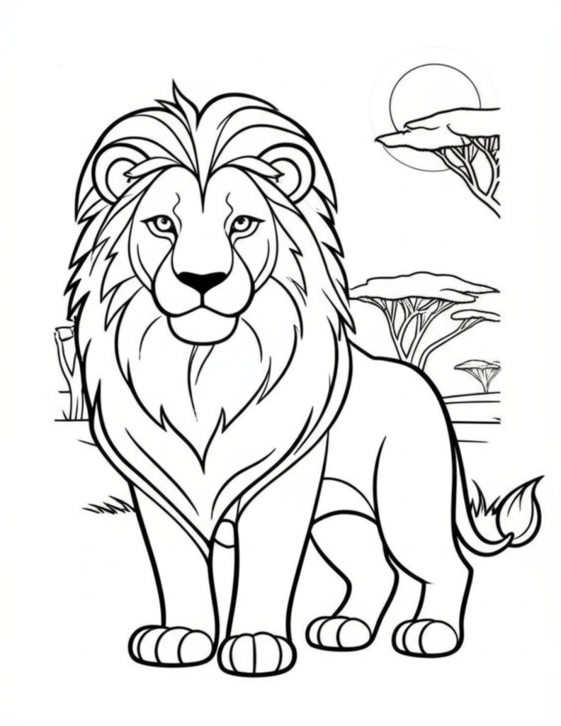 Black-and-white line art of a lion with savanna landscape, sun, and trees for coloring