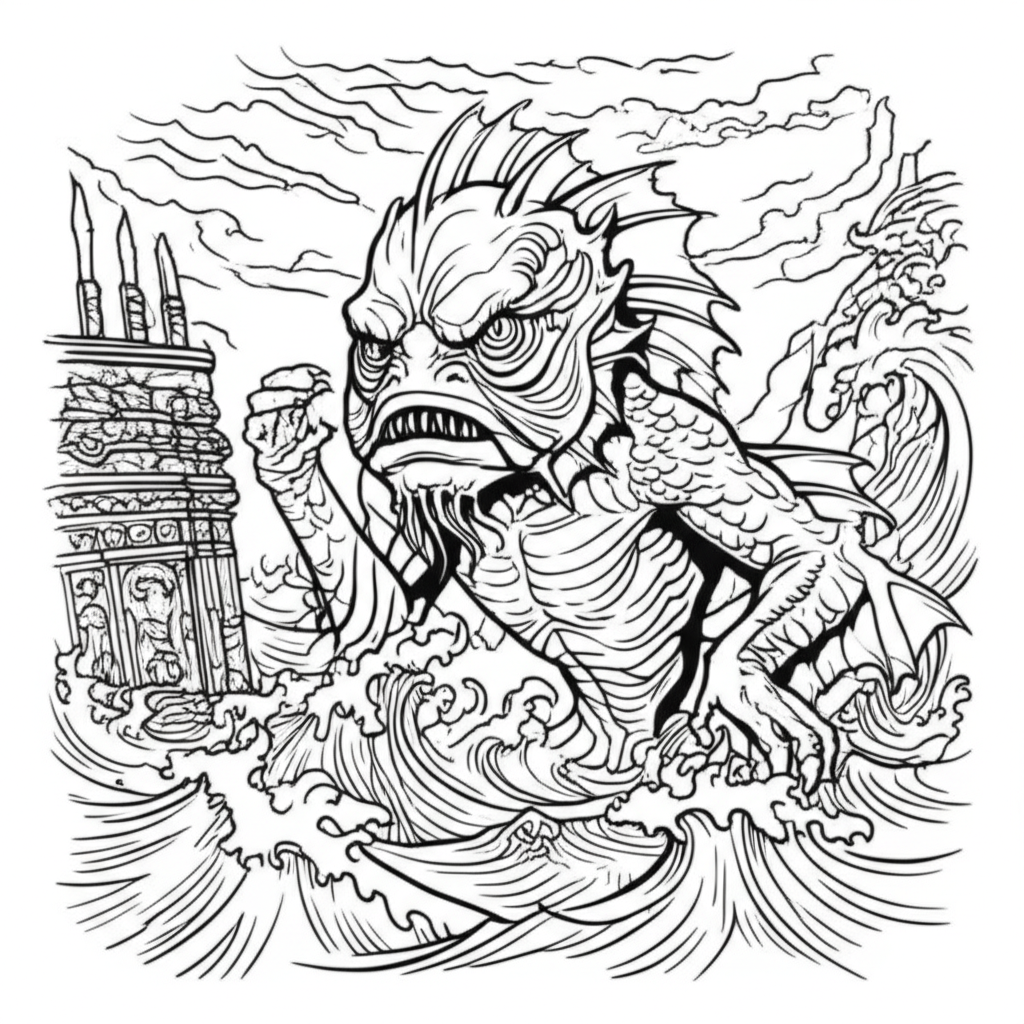 Detailed line art of the ancient deity Dagon rising from the ocean with monstrous fish-like features, surrounded by swirling waves and sunken temple ruins
