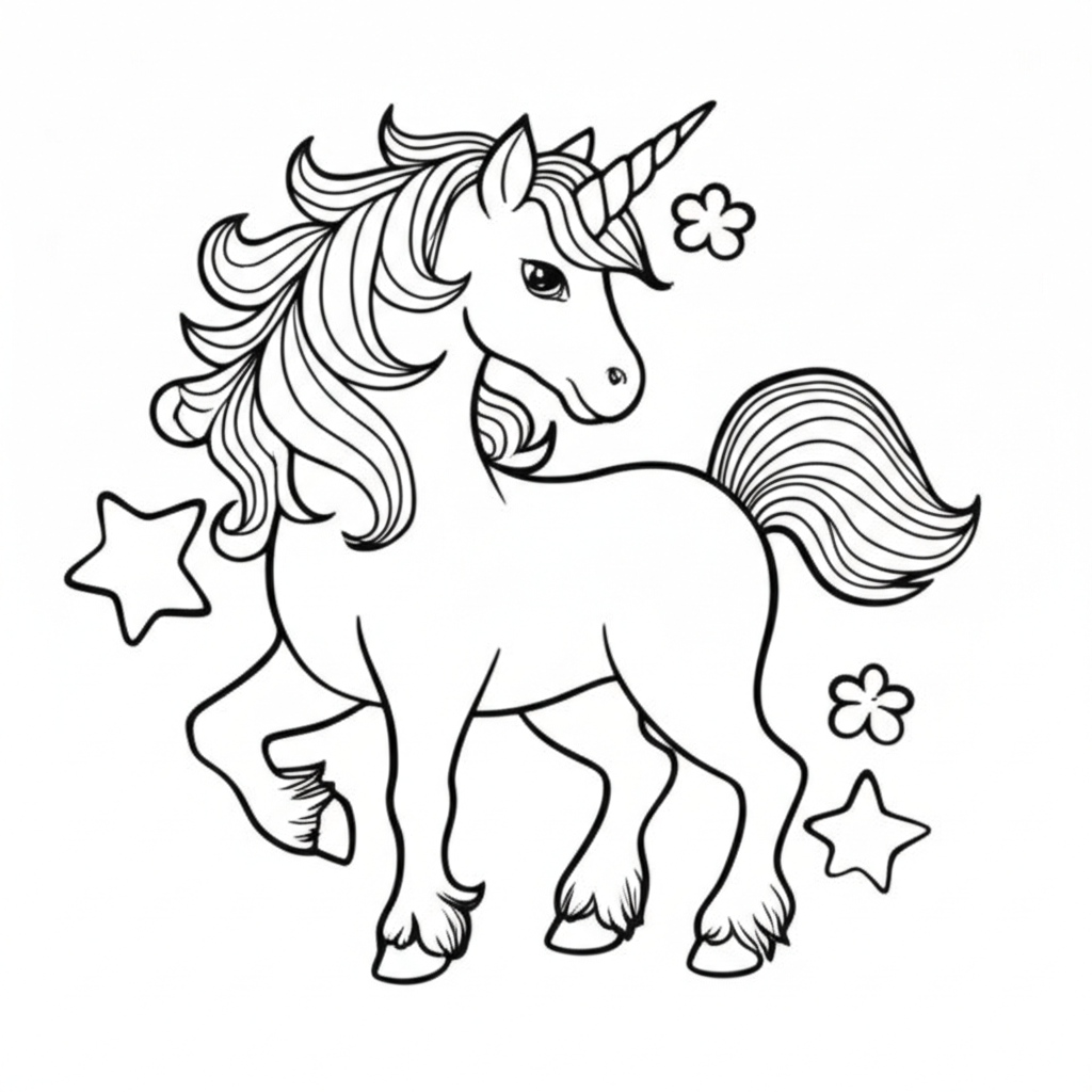 Black-and-white unicorn coloring page featuring bold outlines, stars, flowers, and a magical aura for easy printing