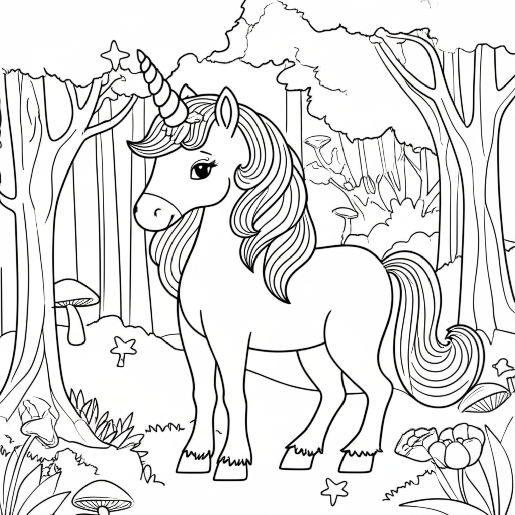 A friendly cartoon unicorn standing in an enchanted forest surrounded by glowing mushrooms and stars, perfect for kids to color