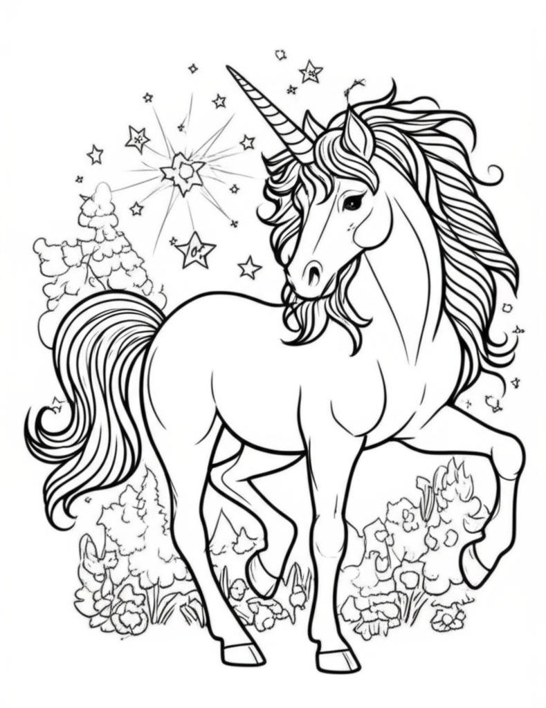 A beautifully outlined unicorn standing in an enchanted forest surrounded by stars, flowers, and trees