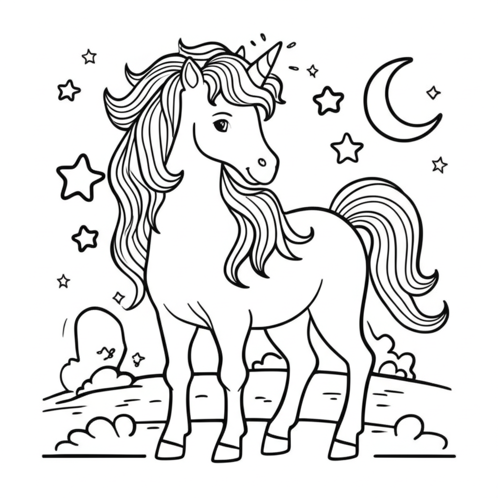 Black and white coloring page of a friendly unicorn standing in a magical meadow with stars, moons, and sparkles