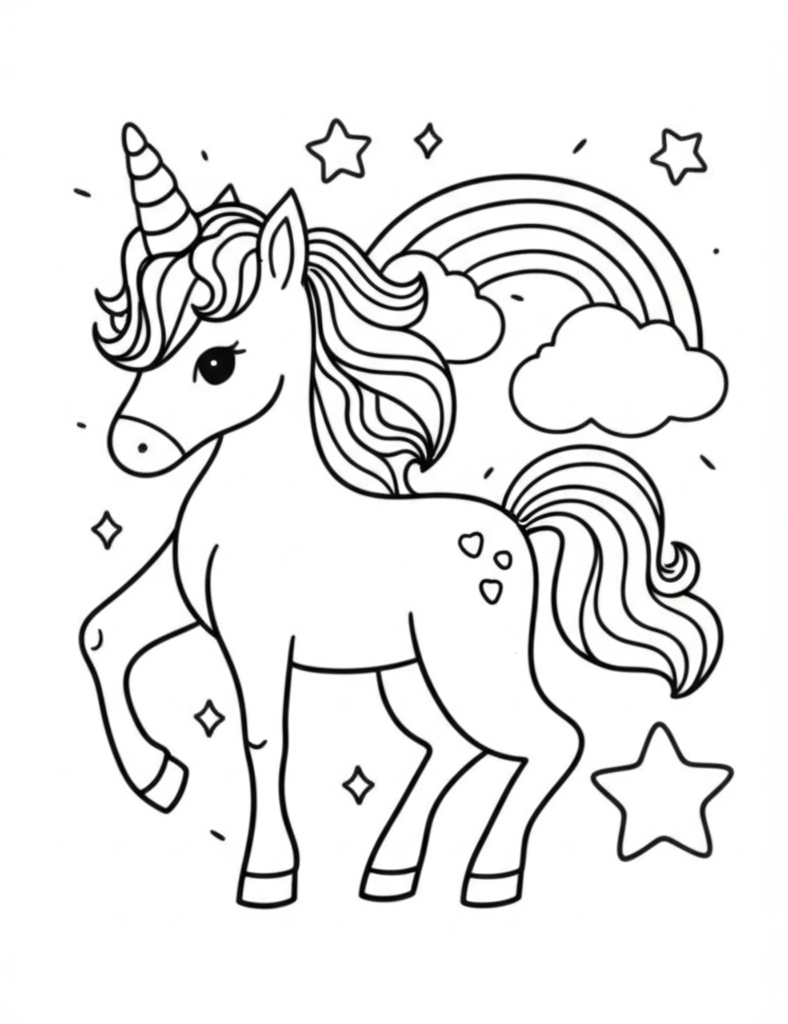 Black-and-white line art of a unicorn surrounded by stars, clouds, and a rainbow for coloring