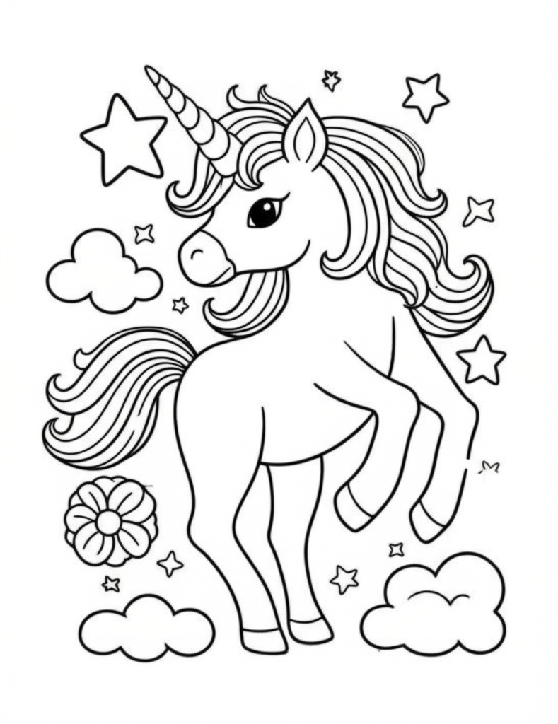 Black and white unicorn coloring page featuring stars, flowers, and clouds for kids and adults
