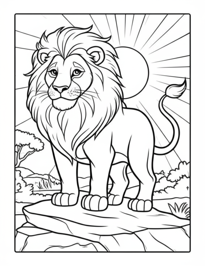 Black and white cartoon illustration of a friendly lion standing on a rocky outcrop with a flowing mane, simple sun and bushes in the background for kids to color