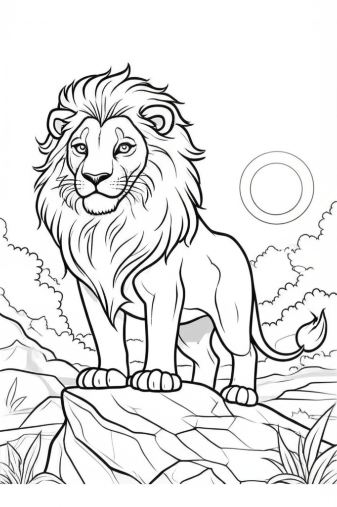 Simple black and white cartoon illustration of a majestic lion with a flowing mane standing on a rocky outcrop, perfect for kids' coloring activities
