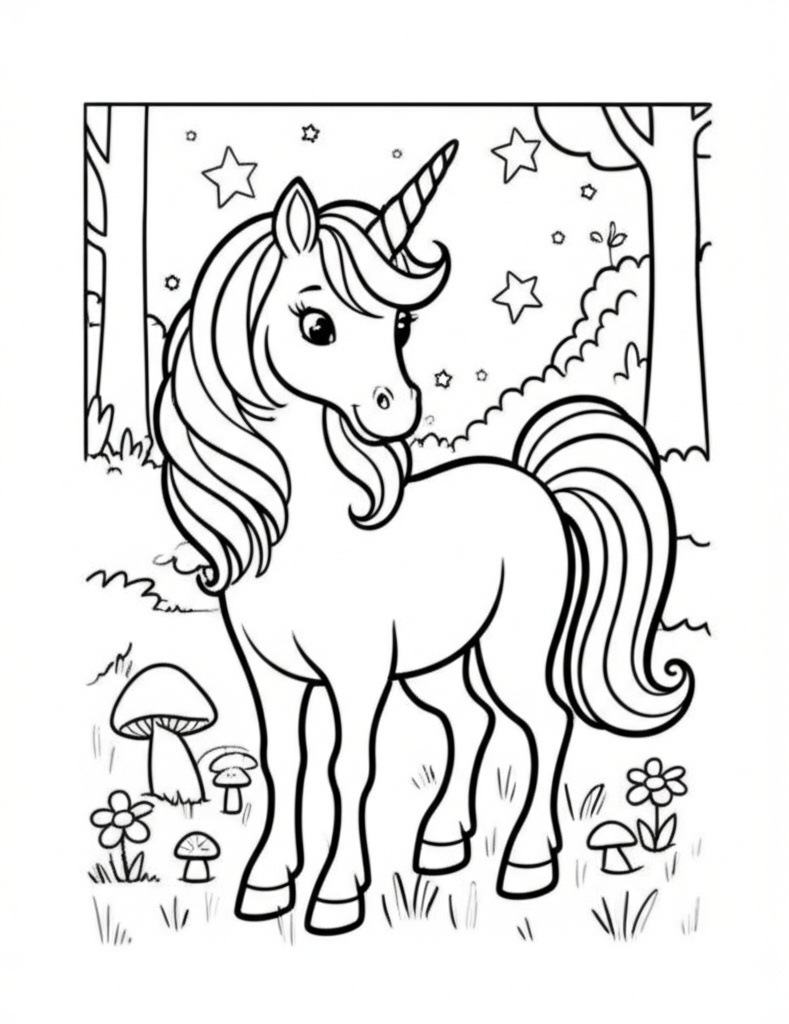 A simple cartoon unicorn standing in a magical forest with stars, flowers, and mushrooms for kids to color
