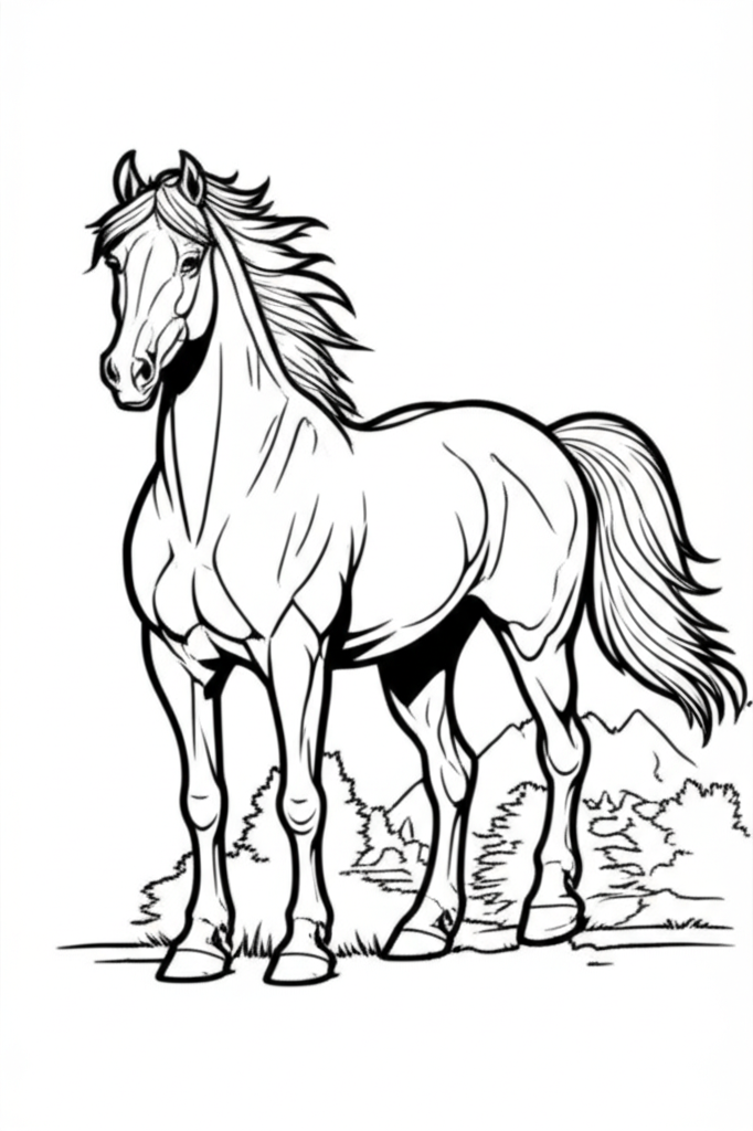 A detailed black and white coloring page of a majestic horse with intricate mane, tail, and muscles, surrounded by grass, trees, and mountains.
