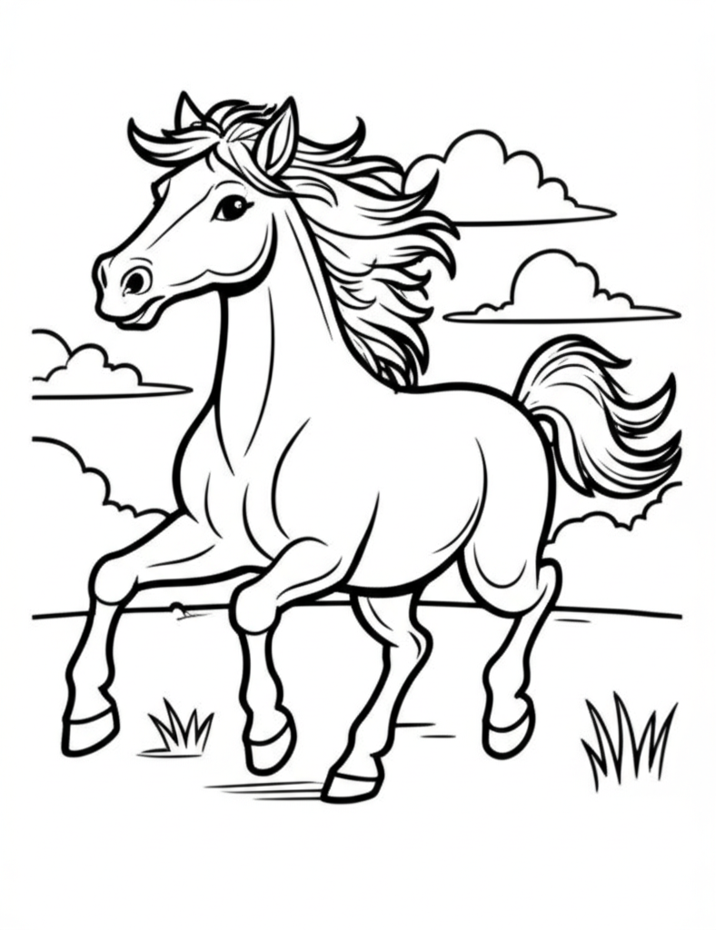 Black and white cartoon illustration of a friendly horse galloping with flowing mane and tail, simple clouds and grass for kids to color