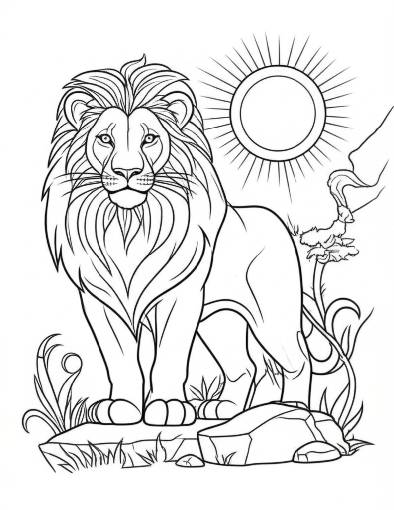 A detailed outline of a majestic lion surrounded by grass, rocks, and a sun, perfect for coloring