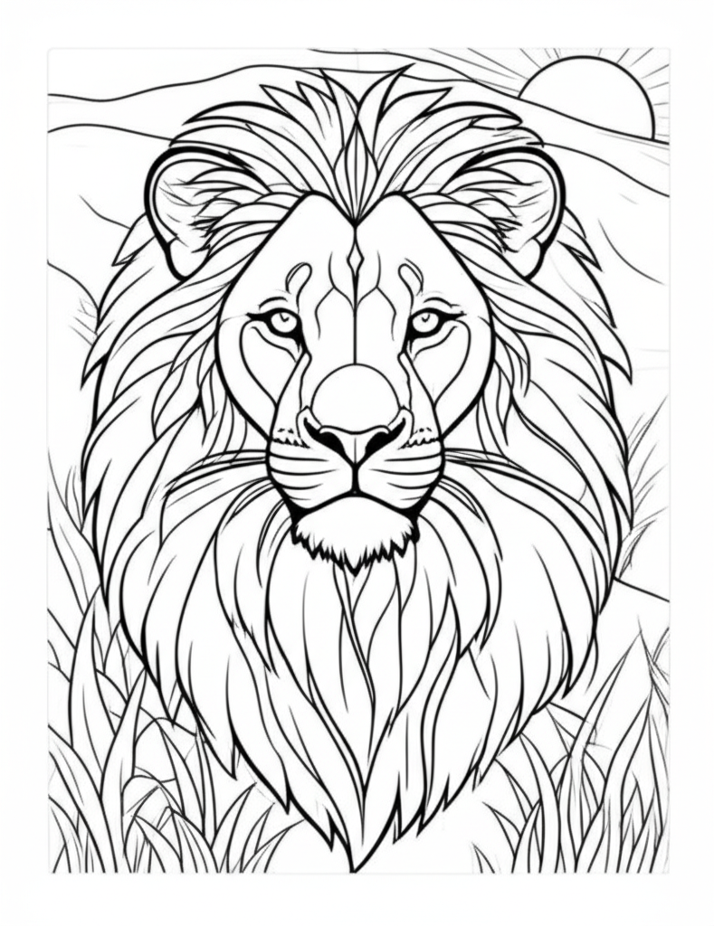 Black-and-white lion coloring page with savanna grass and sun for all ages