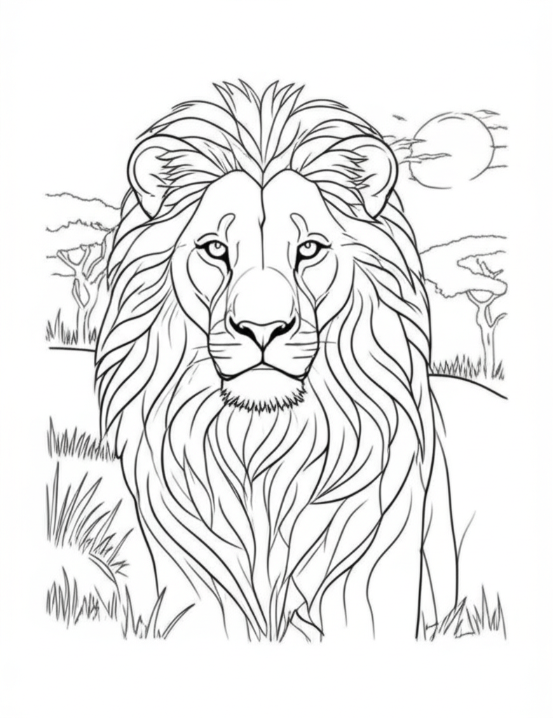 Black outline drawing of a majestic lion surrounded by savanna grass, a sun, and wildlife silhouettes for coloring