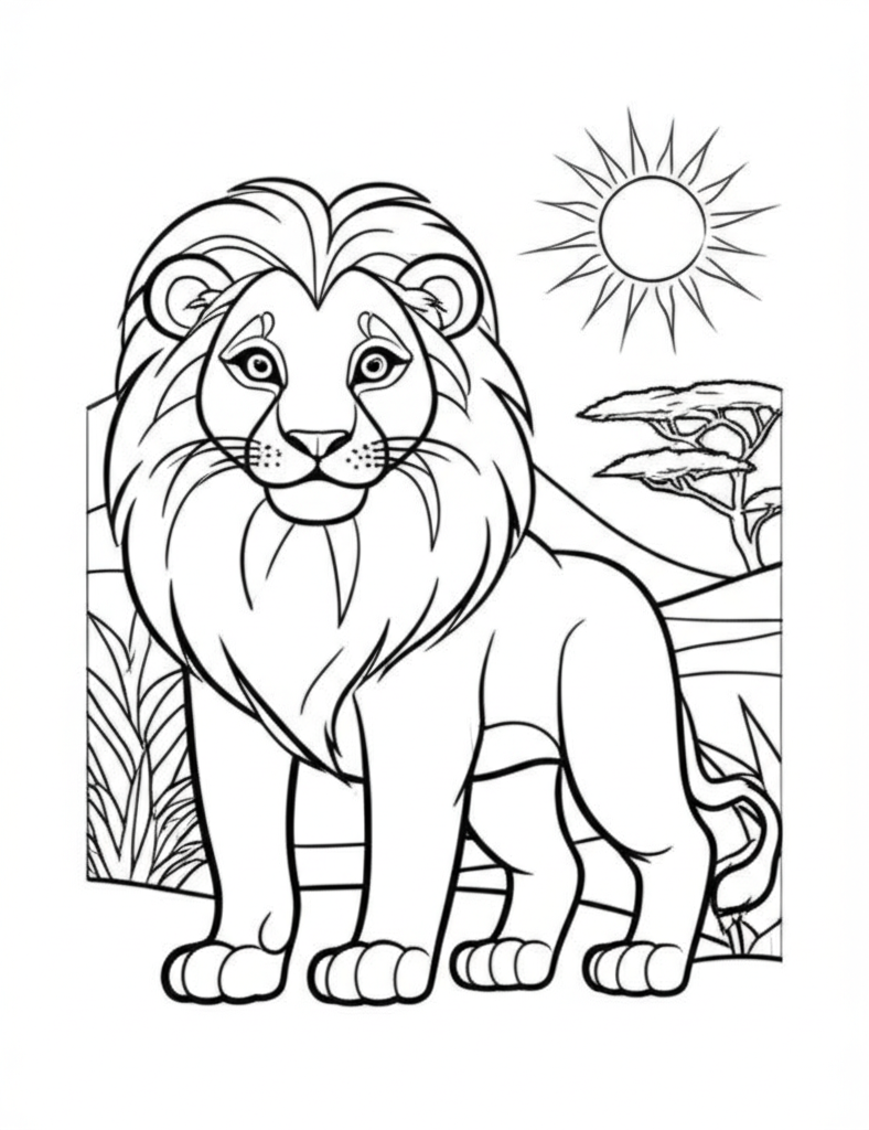 Black-and-white lion coloring page featuring a bold outline, savanna landscape, sun, and foliage