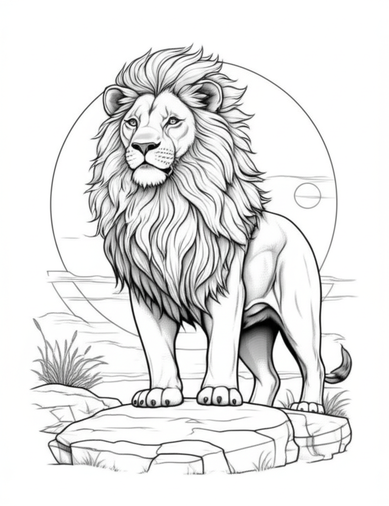 Detailed black and white lion coloring page with flowing mane and savanna background