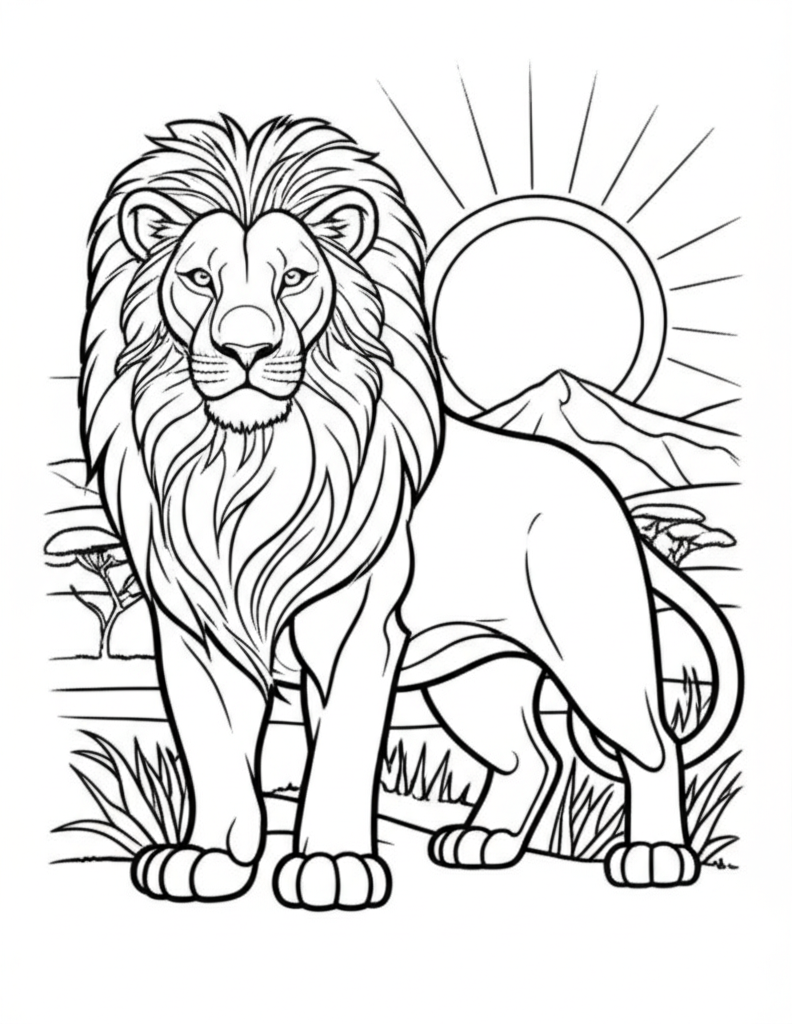 Illustration of a majestic lion in bold stance with sun rays and savanna grass for coloring