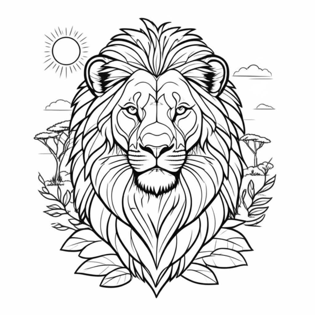 A bold, stylized lion with a savanna landscape, sun, and foliage for coloring