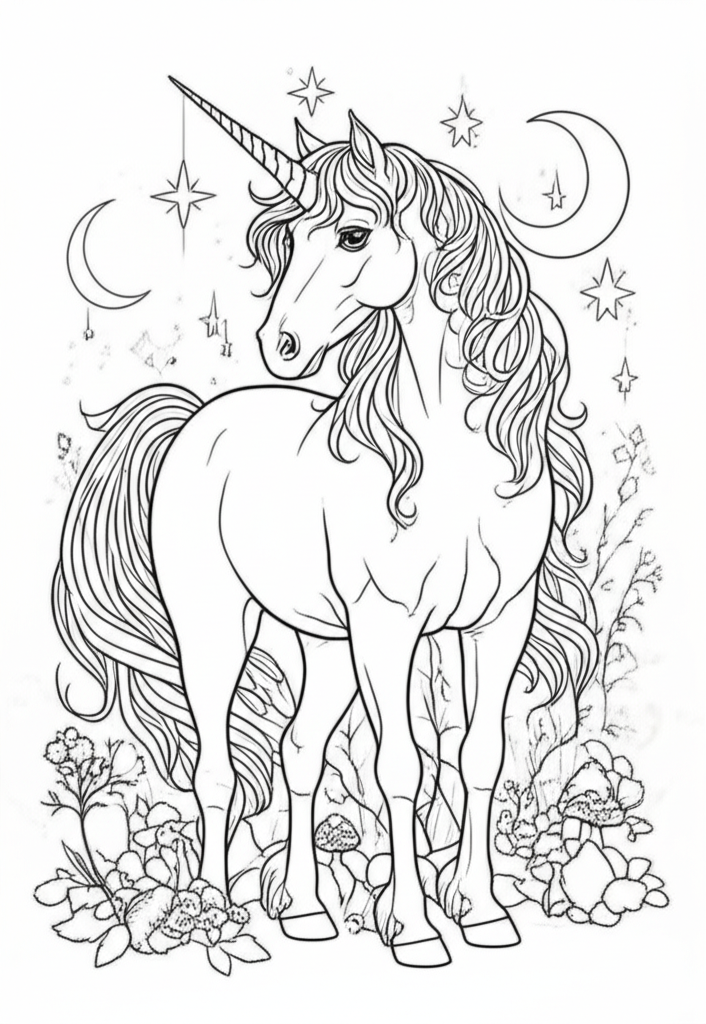 Line art coloring page of a majestic unicorn in an enchanted forest surrounded by twinkling stars, crescent moons, and simple flowers and mushrooms