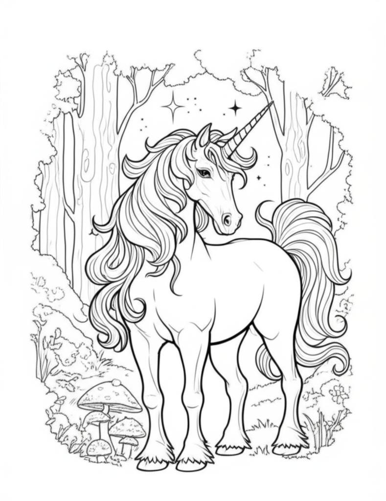Black and white detailed line art of a majestic unicorn standing in an enchanted forest with glowing mushrooms and stars