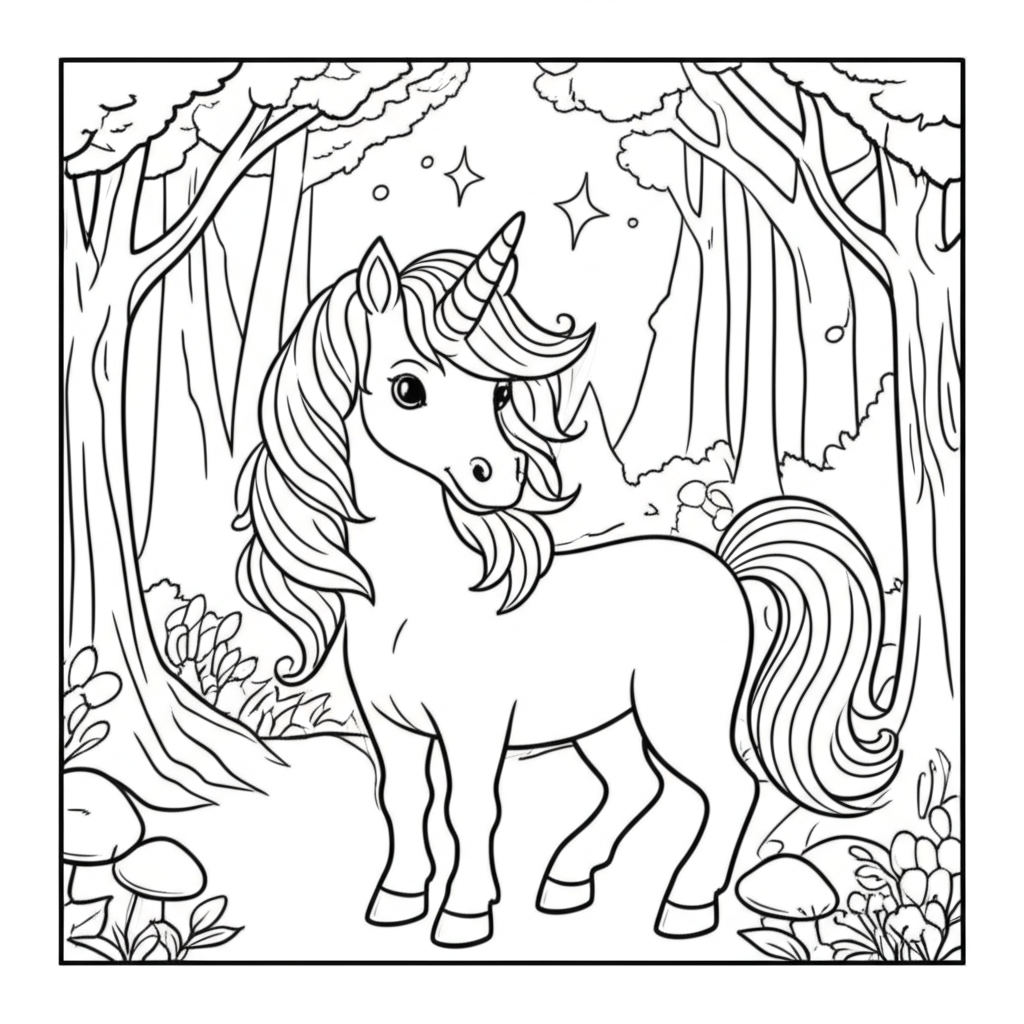 Black and white coloring page of a friendly unicorn in an enchanted forest with glowing mushrooms and stars