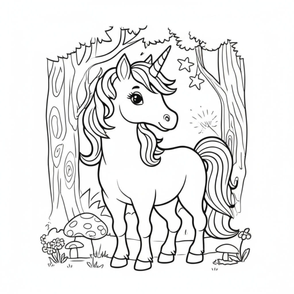 A friendly cartoon unicorn standing in an enchanted forest surrounded by tall trees, glowing mushrooms, and stars for children to color