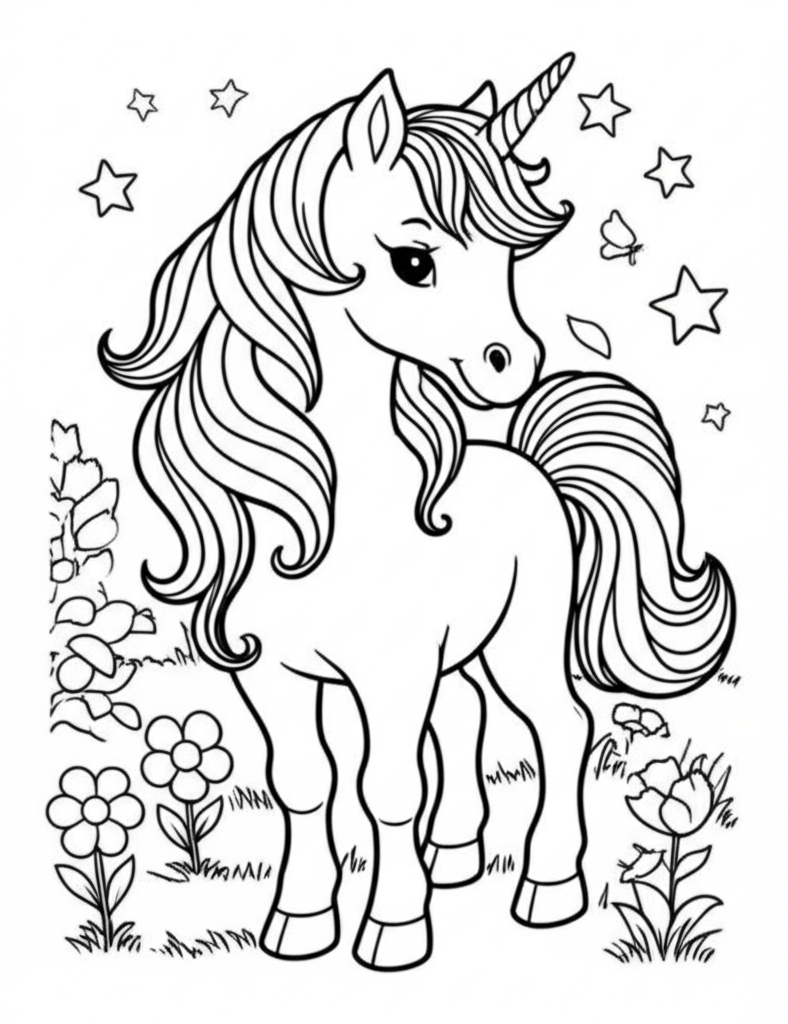 A friendly cartoon unicorn standing in a magical forest clearing surrounded by simple flowers and stars, perfect for kids to color.