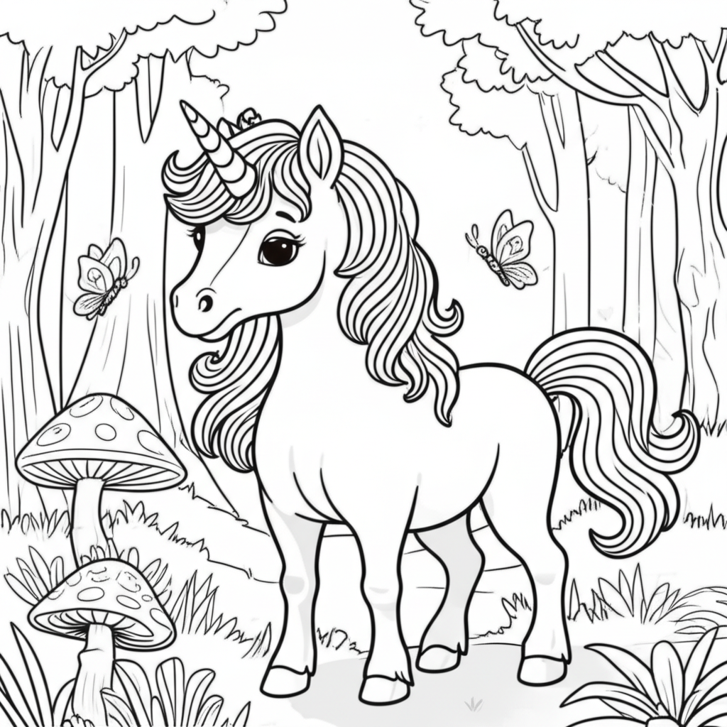 Black and white coloring page of a friendly unicorn in a magical forest with glowing mushrooms and butterflies
