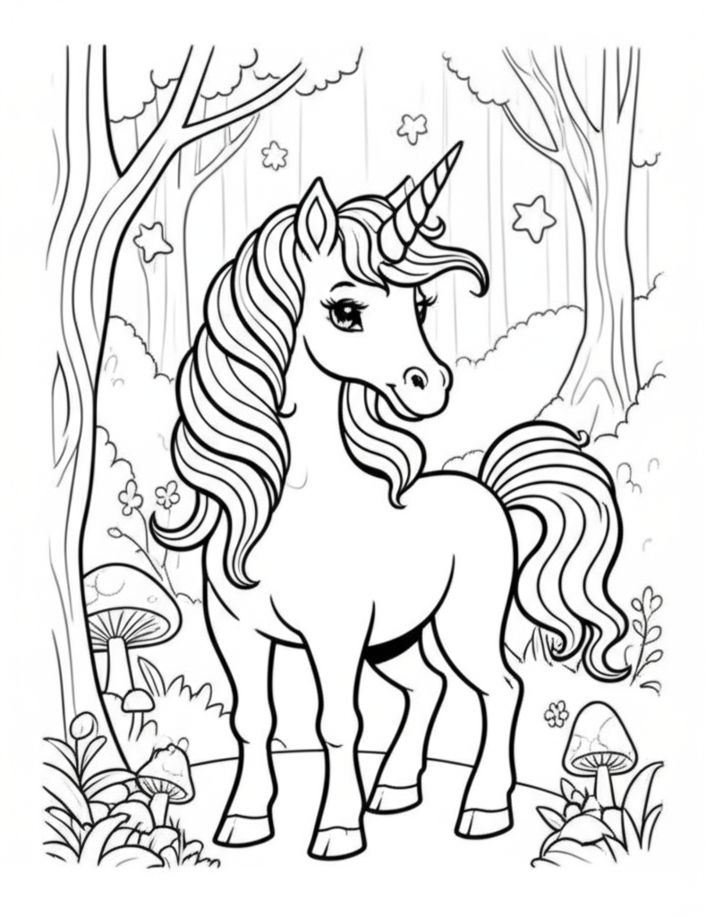 Black and white coloring page of a friendly unicorn in an enchanted forest with trees, glowing mushrooms, and stars